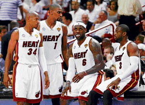 men who matter: Miami Heat fans will be pinning their hopes on its star cast of (from left) Ray Allen, Chris Bosh, LeBron James and Dwayne Wade to come good in Game 7. reuters