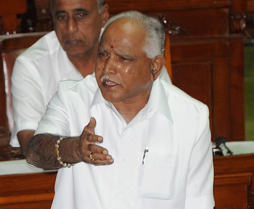 Former Chief Minister B S Yeddyurappa speaking on the State Budget 2013 during the Assembly Session at Vidhan Soudha in Bangalore on Tuesday.