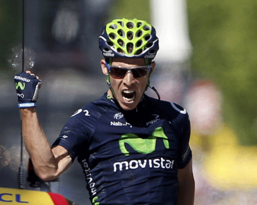 Movistar Team's Rui Alberto Costa celebrates after winning the sixteenth stage of the Tour de France on Tuesday. REUTERS