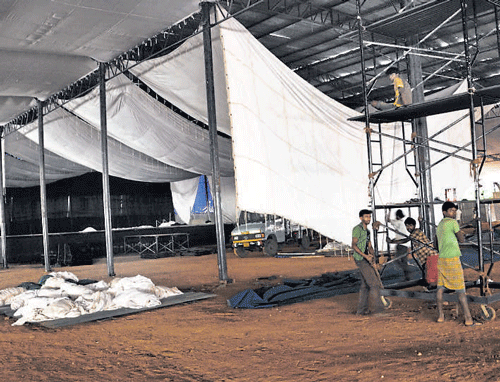 large scale A pandal work in progress at Basavangudi.