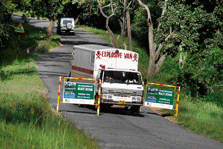 A truck slows down at a  wildlife crossing in  Bandipur on NH-212.