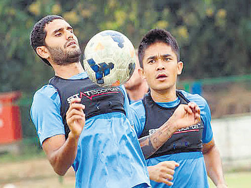 BFC's Darren Caldeira and Sunil Chhetri during a the training session in Vasco on Thursday. BFC media