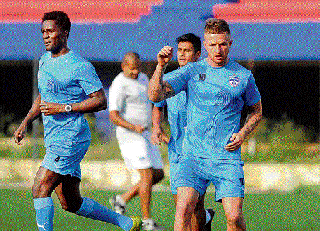 BFC's Curtis Osano (left) and Joshua Walker during the practice session ahead of their clash against Shillong Lajong on Friday. DH photo