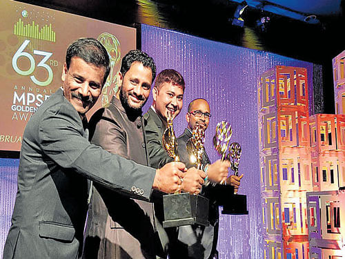 Oscar-winning sound designer Resul Pookutty and troupe that won the Golden Reel award in Los Angeles. Vijaykumar (left) is from Chamarajanagar taluk. dh photo