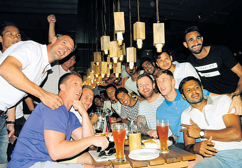 Party time: Jubilant Bengaluru FC players celebrate their I-League success at a city pub on Monday afternoon. DH photo/ BH Shivakumar