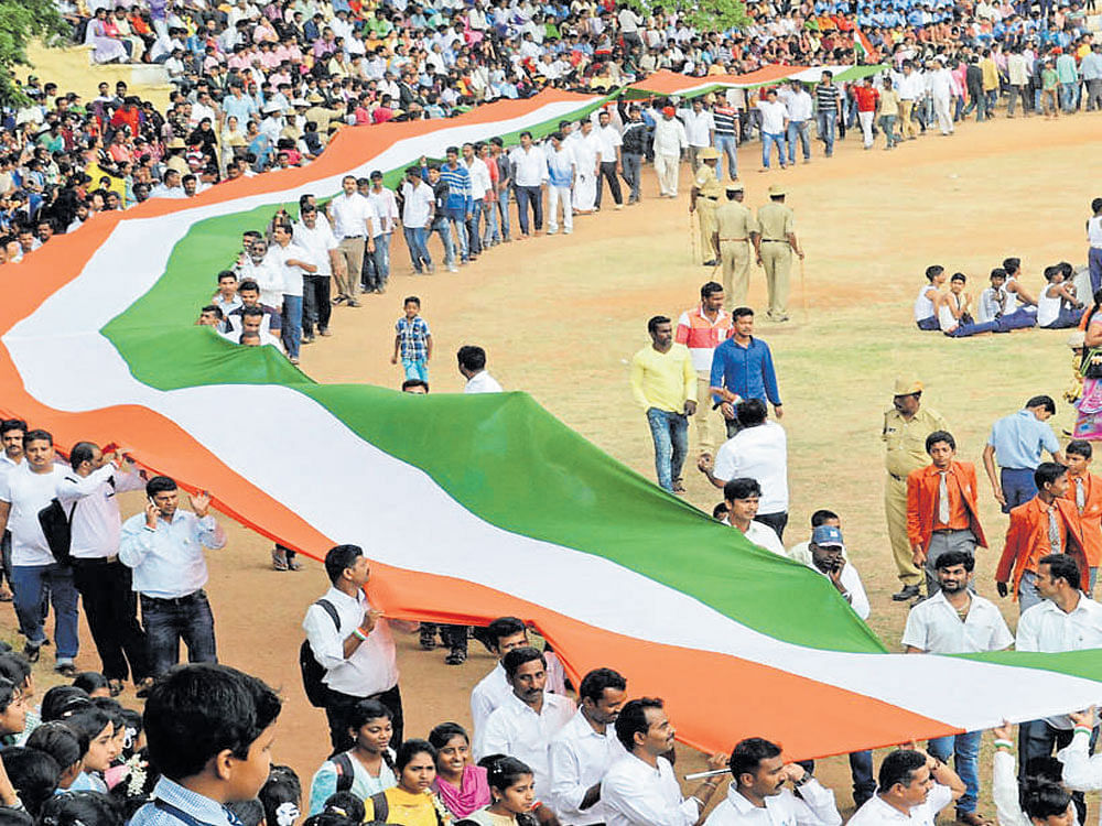 The 70-metre-long national flag was the centre of attraction during the Independence Day celebrations in Mandya on Monday.