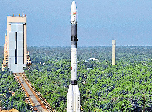 READY FOR TAKE-OFF: Isro's GSLV-F05 carrying advanced weather satellite on Wednesday, a day before its launch from Sriharikota, Andhra Pradesh. PTI