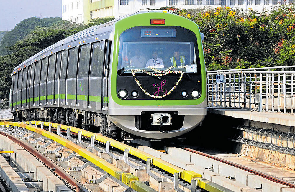 A train being brought to the National College Metro station from the down ramp connecting the KR Market Metro station, on Sunday. DH Photo