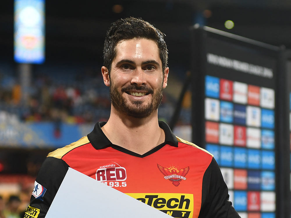 Sunrisers Hydrabed Ben Cutting with the man of The match trophy in the IPL final match against RCB at Chinnaswamy Stadium in Bengaluru on Sunday. Photo Credit: Deccan Herald