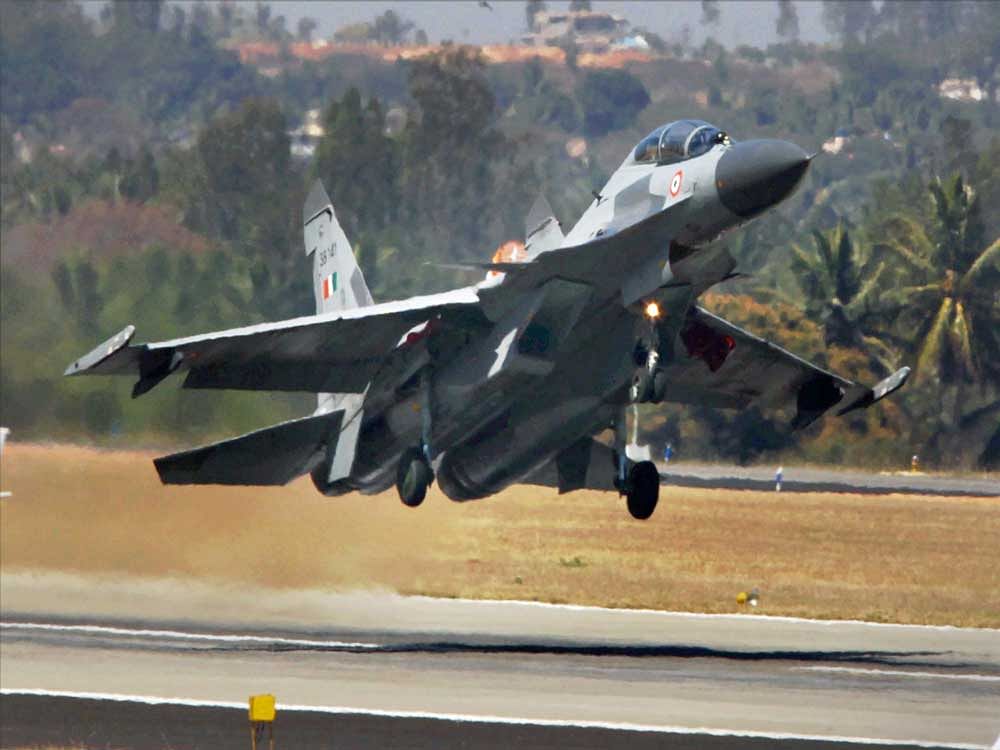 File picture of Indian Air Force's Sukhoi 30 plane. A Su30 jet with two pilots on board has gone missing after taking off from Salonibari air force station in Assam's Sonitpur district on Tuesday. PTI Photo.