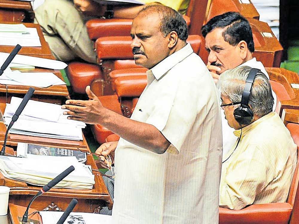 JD(S) state president H D&#8200;Kumaraswamy speaks during  a discussion in the Legislative Assembly on Friday. dh photo
