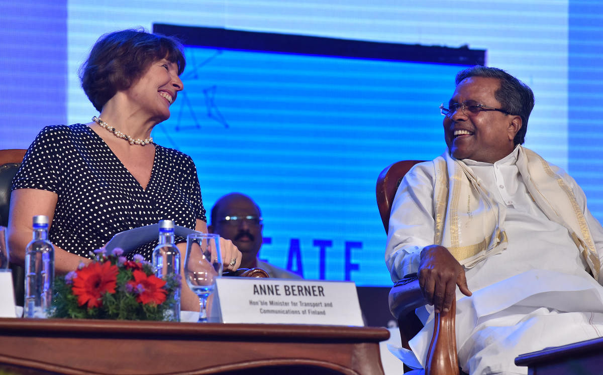 Transport & Communications Minister of Finland Anne Berner and Chief Minister Siddaramaiah at the inauguration of Bengaluru Tech Summit at Bengaluru Palace in Bengaluru on Thursday. Photo by Janardhan B K