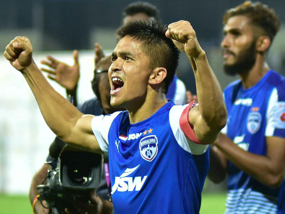 Chhetri's first hat-trick (15th, 65th  and 89th  minutes) for his club powered them to the final in their debut season in the Indian Super League as they defeated FC Pune City 3-1 in the second leg of their semifinal.  DH Photo.