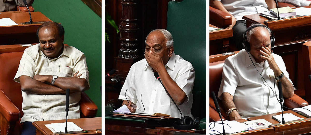 Chief Minister H D Kumaraswamy, Speaker K R Ramesh Kumar and Leader of the Opposition B S Yeddyurappa strike different postures during the discussion on charges against the Speaker, in the Assembly at the Vidhana Soudha in Bengaluru on Monday. DH photo