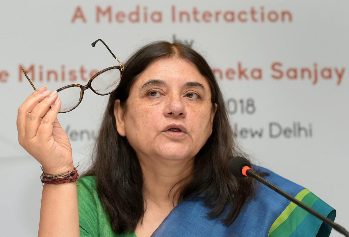 Union Minister for Women &amp; Child Development Maneka Gandhi addresses a press conference regarding her ministry's achievements and initiatives, in New Delhi on Wednesday. PTI