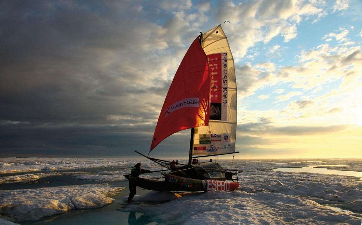 A picture released by Adrenaline expedition on August 21, 2018 and taken on June 22, 2013 shows the Babouch'ty multihull sailing in an unspecified location of the Arctic Ocean. - Three French explorers, led by French scientist Sebastien Roubinet, are curr