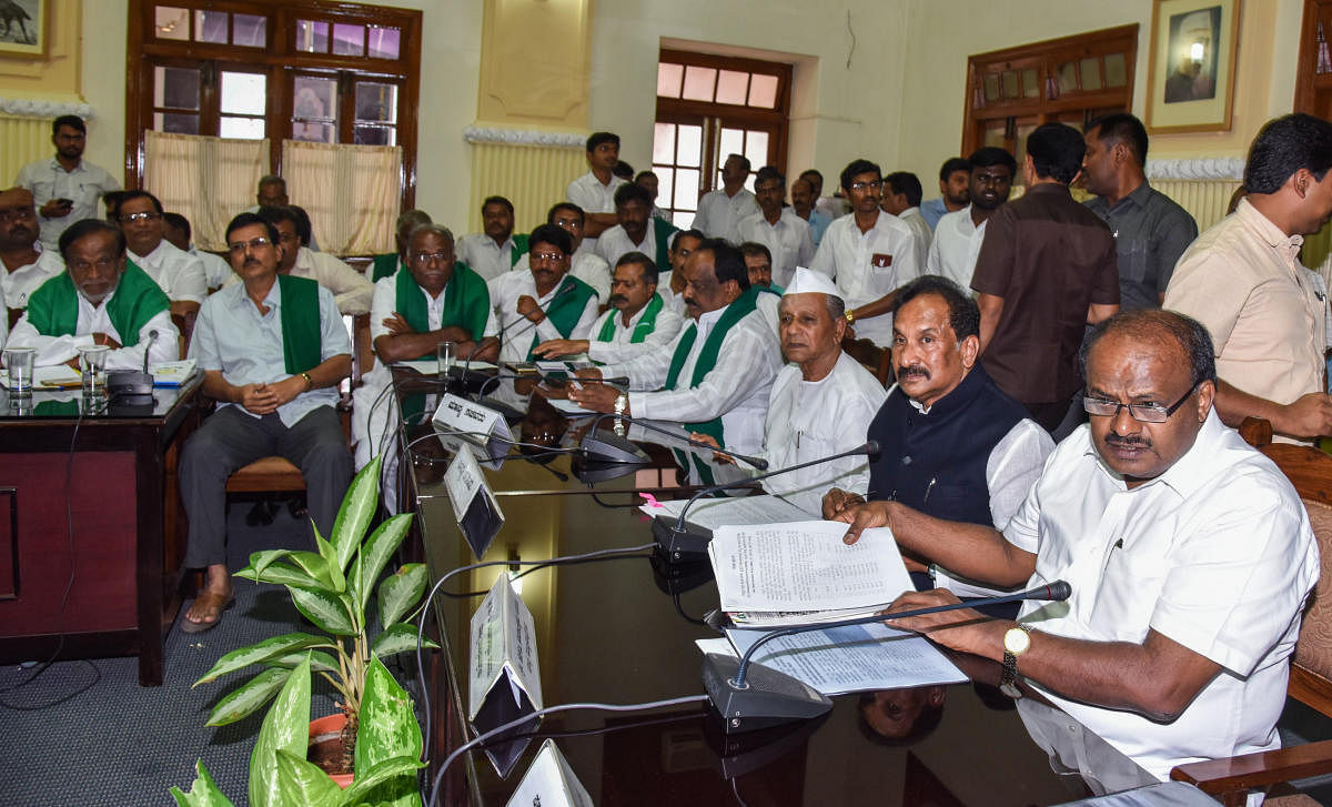 Karnataka Chief Minister H D Kumaraswamy during a meeting with cane growers and sugar factory representatives at Vidhana Soudha in Bengaluru on Tuesday. DH Photo by S K Dinesh