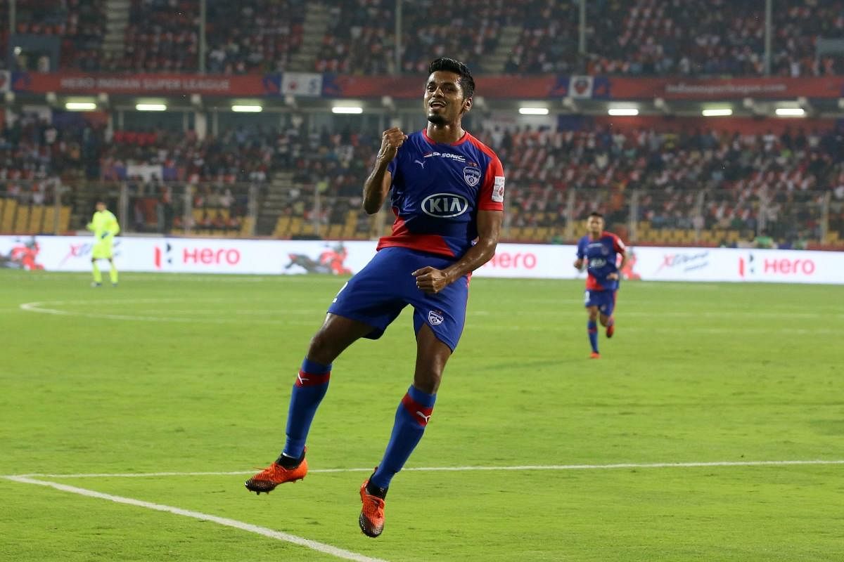 ON A HIGH Bengaluru FC’s Rahul Bheke exults after scoring his side’s opener against FC Goa. ISL MEDIA