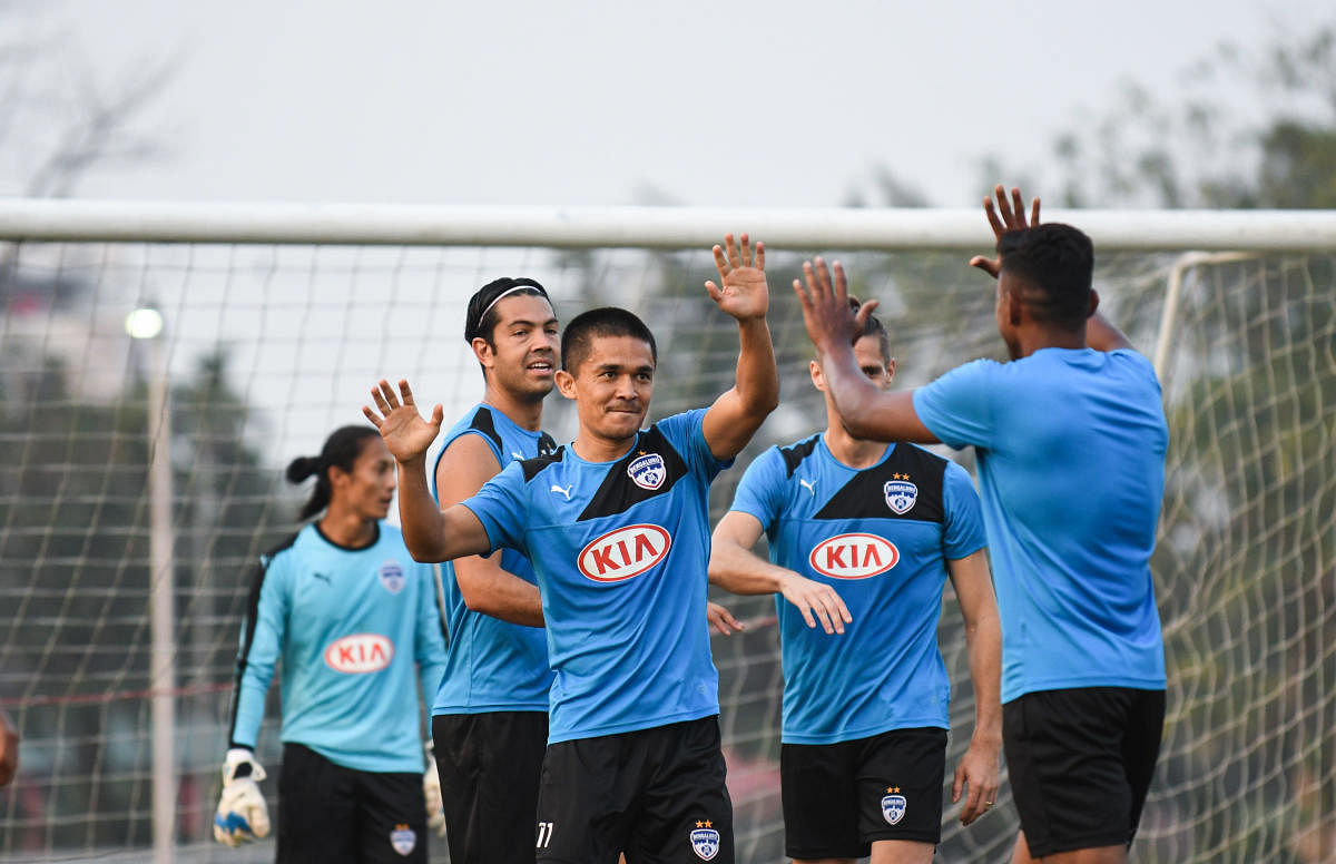 Bengaluru FC players during a training session on the eve of their ISL semifinal second-leg clash against NorthEast United FC at the MEG ground on Sunday. BFC MEDIA