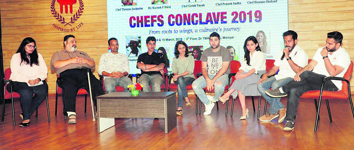 Chefs take part in an interaction during the two-day Chefs Conclave 2019 organised by Department of Culinary Arts, Welcomgroup Graduate School of Hotel Administration at the  Dr TMA Pai auditorium in Manipal on Thursday.    