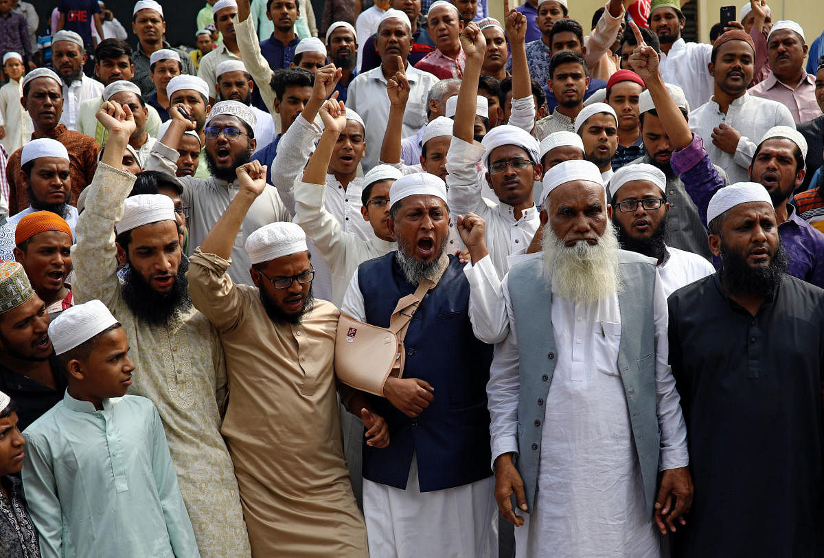 Muslims shout slogans as they condemn the Christchurch mosque attack in New Zealand, after Friday prayers at the Baitul Mukarram National Mosque in Dhaka. Reuters file photo