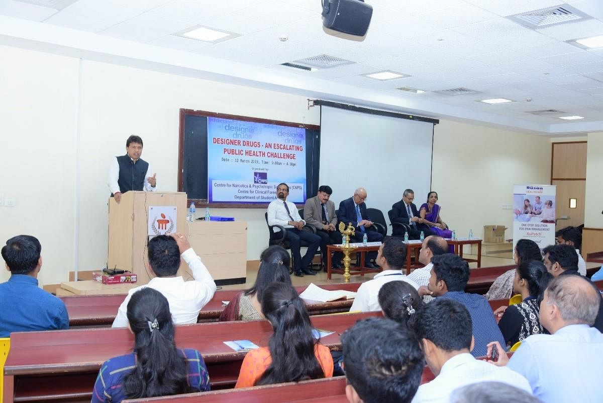 Mangalore City North MLA Dr Y Bharath Shetty speaks at a seminar on designer drugs at Interact Lecture Hall in Manipal.