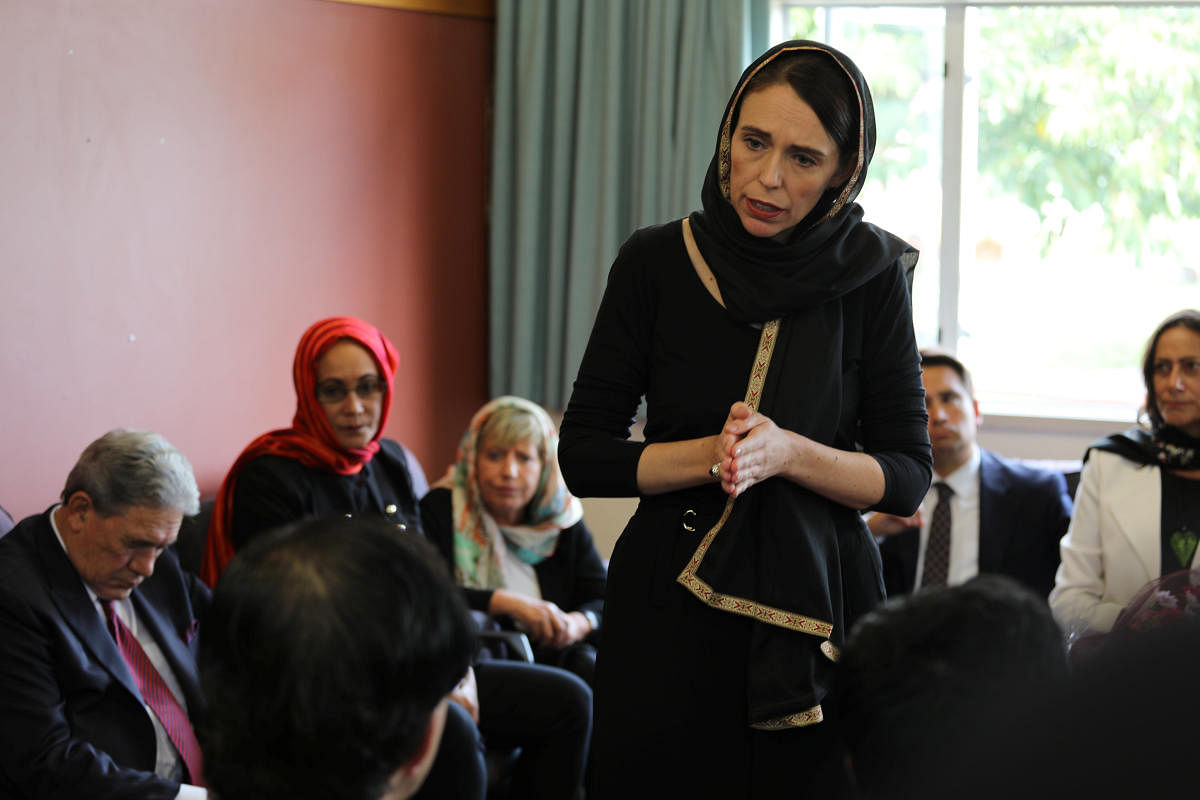 New Zealand Prime Minister Jacinda Ardern speaks to representatives of the Muslim community at Canterbury refugee centre in Christchurch, New Zealand March 16, 2019. REUTERS