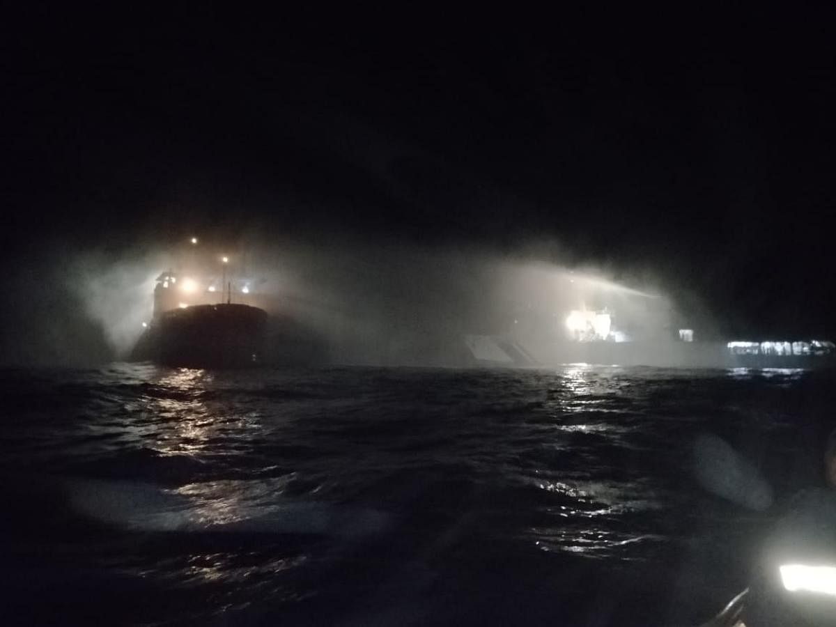 A major fire broke out at a research vessel of Shipping Corporation of India of the New Mangalore coast along Karnataka. DH photo