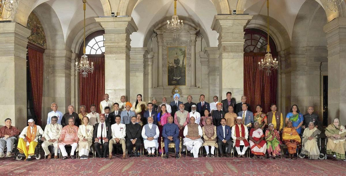 President Ram Nath Kovind, Prime Minister Narendra Modi and other dignitaries in a group photograph with awardees at Padma Awards 2019 function at Rashtrapati Bhavan, in New Delhi. PTI photo
