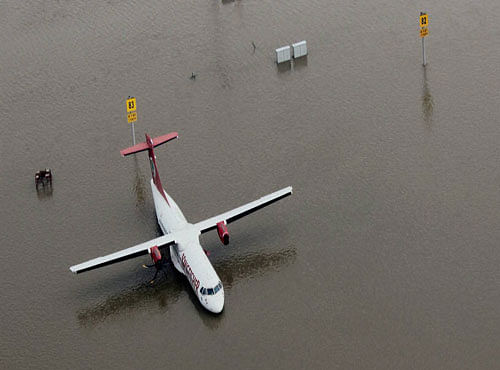 An aerial view of submerged Chennai airport during heavy rains in Chennai. PTI photo