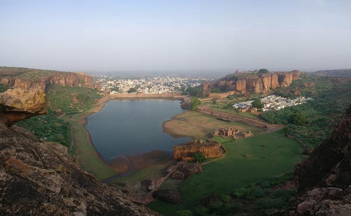 landscape of dreams: A panoramic view of Badami; (below) the open mantapas at Badami; a closer view of the mantapas. photos by author