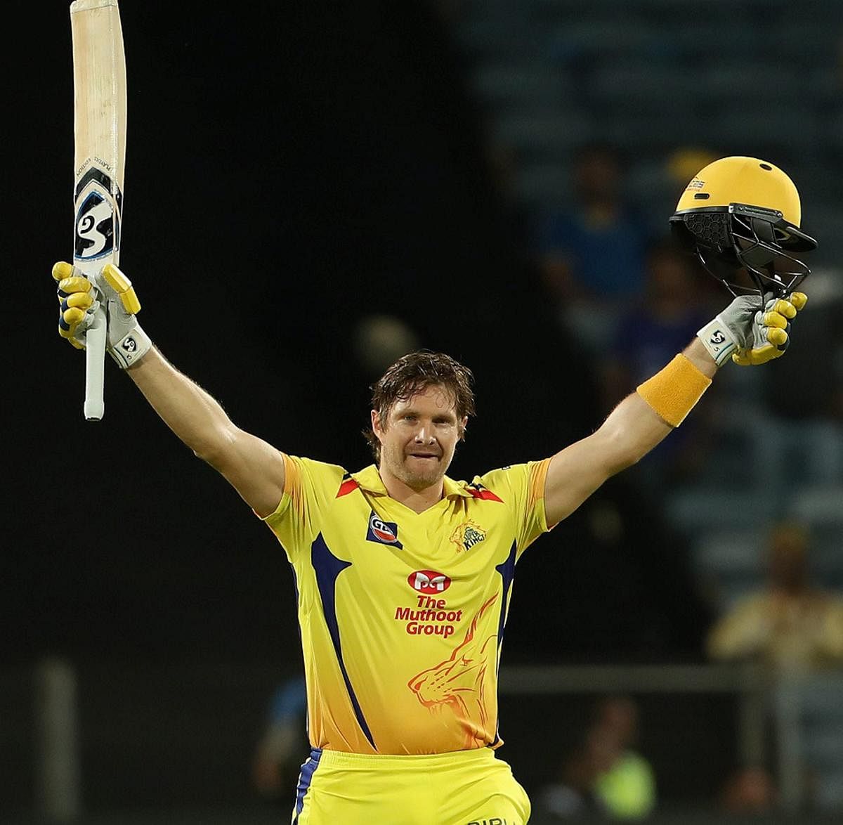 Shane Watson of the Chennai Superkings celebrates his century against Rajasthan Royals in Pune on Friday. PTI