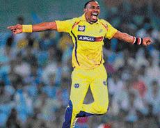 Flying high: CSKs Dwayne Bravo celebrates the wicket of Dane Vilas of Cape Cobras in their Champions League T20 match on Wednesday. AFP