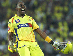 D Bravo celebrates team's victory over Rajasthan Royals during IPL 6 match in Chennai on Monday. PTI Photo