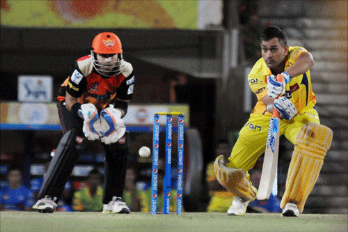 Mahendra Singh Dhoni captain of Chennai Super Kings plays a shot during an Indian Premier League match against Sunrises Hyderabad in Ranchi on Thursday. PTI Photo