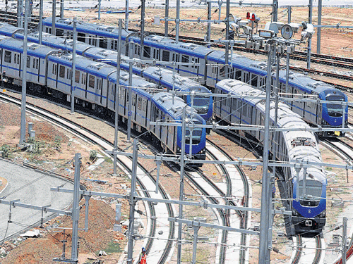 Chennai Metro Rail, which is kept in the yard and brought to depot on Tuesday, is expected to begin its services from July. DH Photo