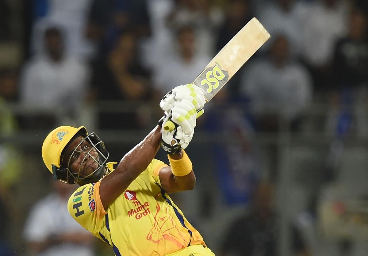 RUTHLESS: Chennai Super Kings' Dwayne Bravo hits one to the fence en route his 68 against Mumbai Indians at the Wankhede Stadium in Mumbai on Saturday. Chennai won by one wicket. PTI