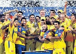Chennai Super Kings players celebrate after defeating Mumbai in IPL 3 final. File photo