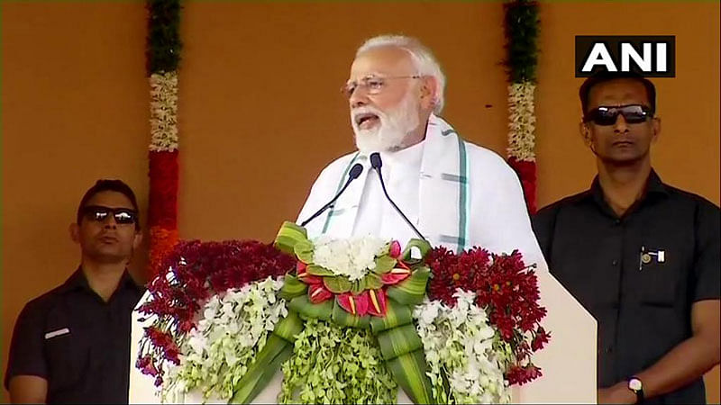While addressing a rally in Kanchipuram, Tamil Nadu, Modi said, "We have decided to rename the Chennai Central Station after the great MG Ramachandran. We are also seriously thinking about ensuring that flights to and from Tamil Nadu have in-flight announcements in the Tamil language". (Image: ANI/Twitter)