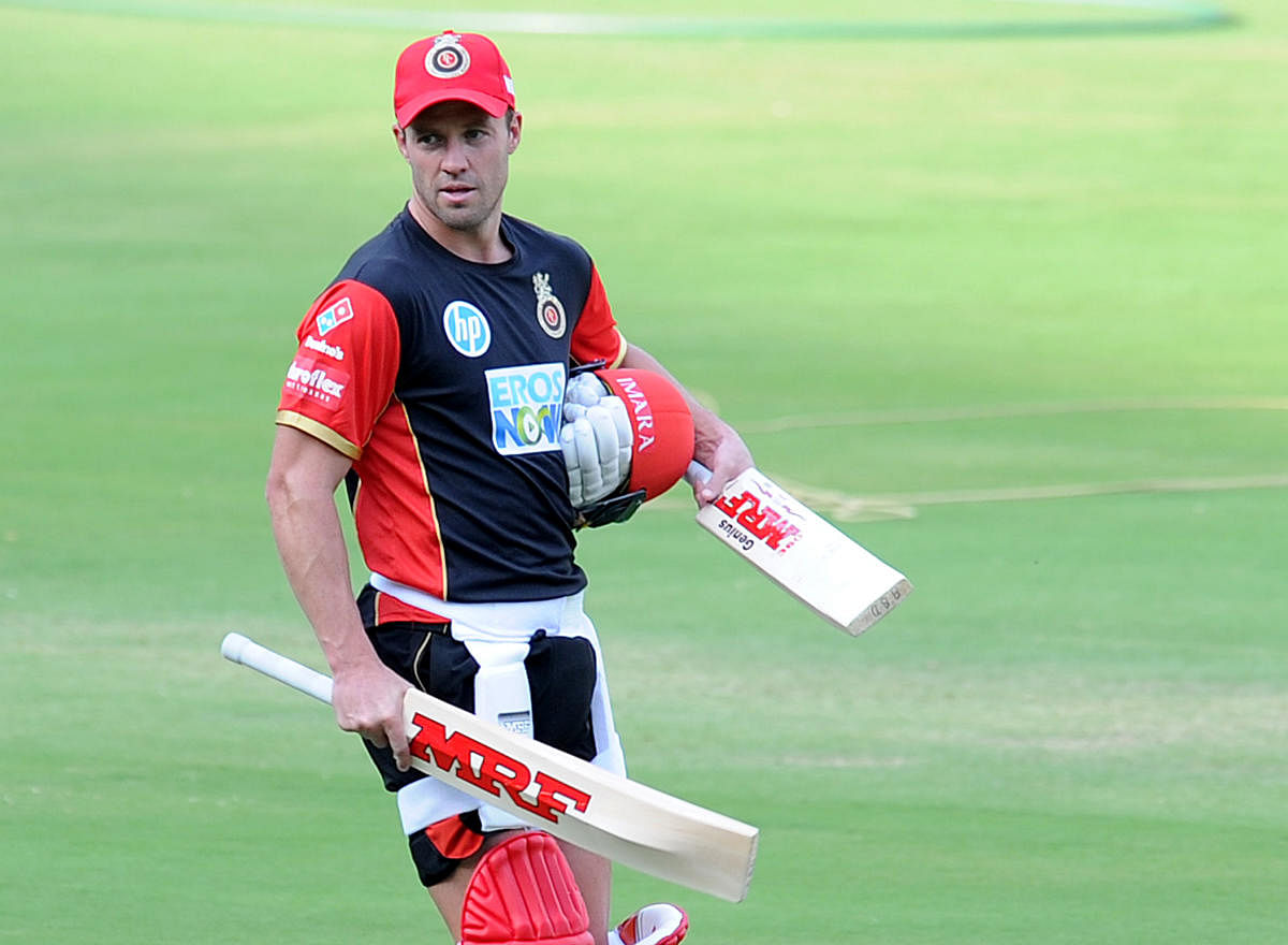 After missing two matches, AB de Villiers will be back against CSK to boost RCB's batting might on Saturday. DH File Photo