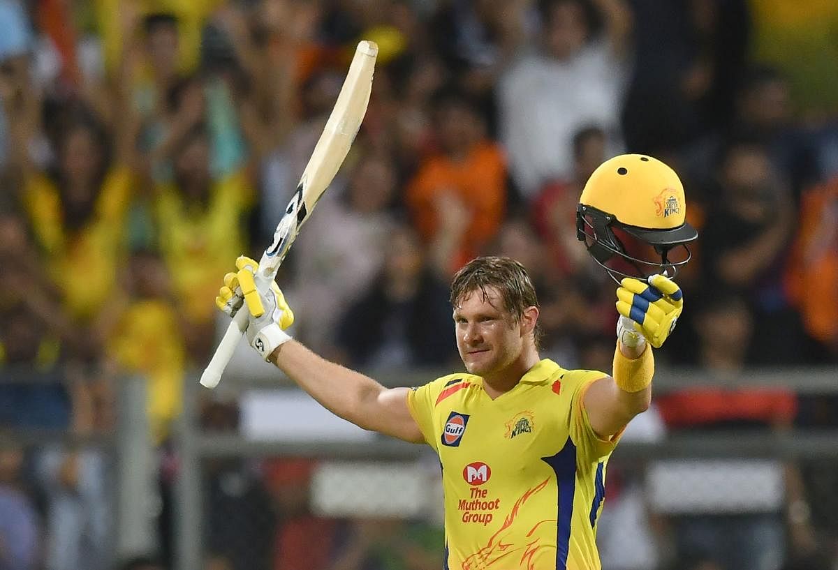 Chennai Super Kings’ Shane Watson celebrates after scoring a century in the IPL final against Sunrisers Hyderabad on Sunday. AFP