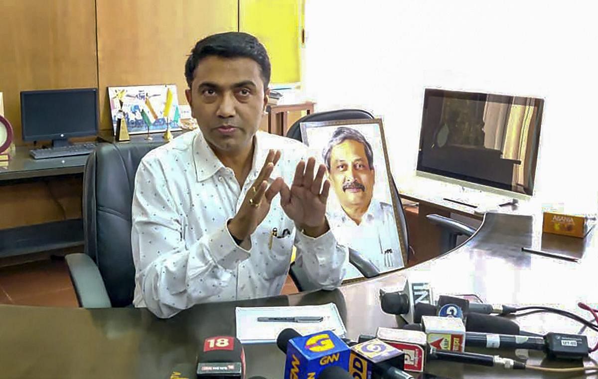 Newly sworn-in Goa Chief Minister Pramod Sawant takes charge at his office, in Panaji. PTI photo