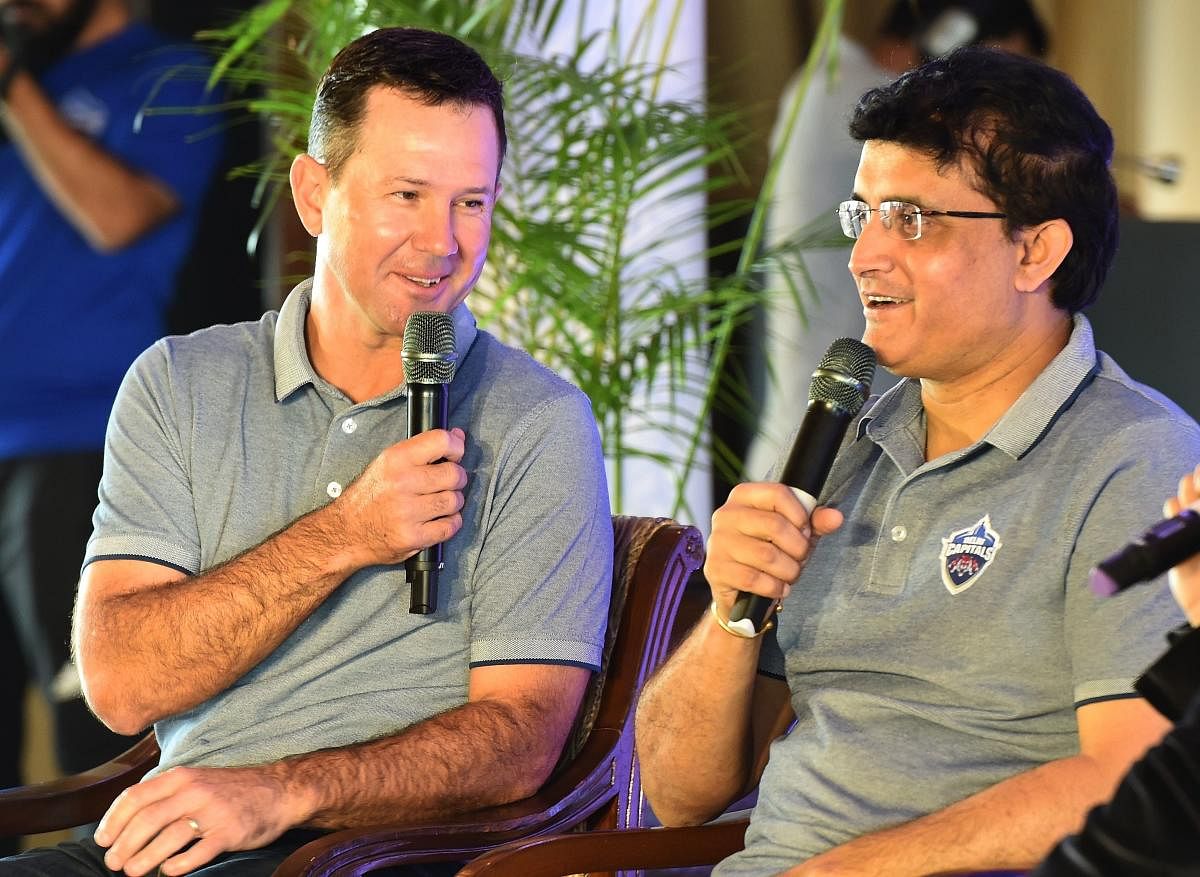 Delhi Capitals special adviser Sourav Ganguly (right) and coach Ricky Ponting at a press conference in New Delhi on Tuesday. AFP