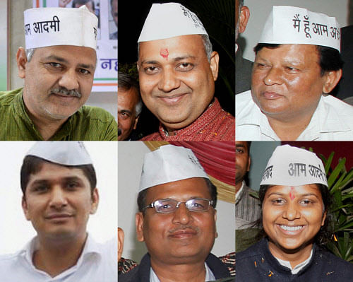Probable ministerial faces of Aam Aadmi Party (AAP) in Delhi, Manish Sisodia, Somnath Bharti, Girish Soni, Saurabh Bhardwaj, Satendra Jain and Rakhi Birla. PTI Photo
