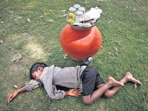 A boy, selling lemon juice in an earthen pot, sleeps on the grass at a public park on a hot summer  afternoon in New Delhi on Friday. AP