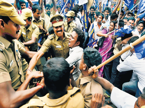 Descent into dissent: The police detain members of the Bahujan Samaj Party during their protest against Human Resource Development Minister Smriti Irani and IIT-Madras management, near the institute in Chennai on Monday. PTI