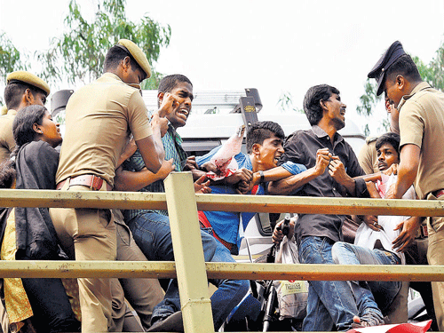 Student Activism: Police detain Democratic Students Federation of India activists during a protest against HRD Minister Smriti Irani and IIT- Madras in Chennai on Tuesday. PTI