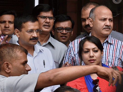 Delhi Chief Minister Arvind Kejriwal and Deputy CM Mahish Sisodia come out after meeting Home Minister Rajnath Singh at North Block in New Delhi on Monday. PTI Photo