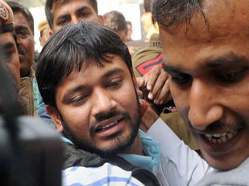 JNUSU President Kanhaiya Kumar, arrested on charges of sedition, being produced at Patiala House Courts in New Delhi on Wednesday. PTI Photo