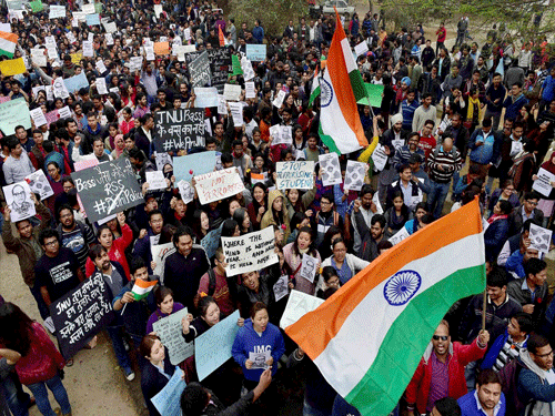JNU students agitating for the release of the Students Union President Kanhaiya Kumar at the Jawaharlal Nehru University (JNU) in New Delhi on Thursday. PTI Photo